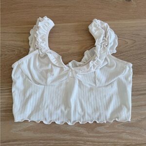 White Ruffled Ribbed Crop Tank Top